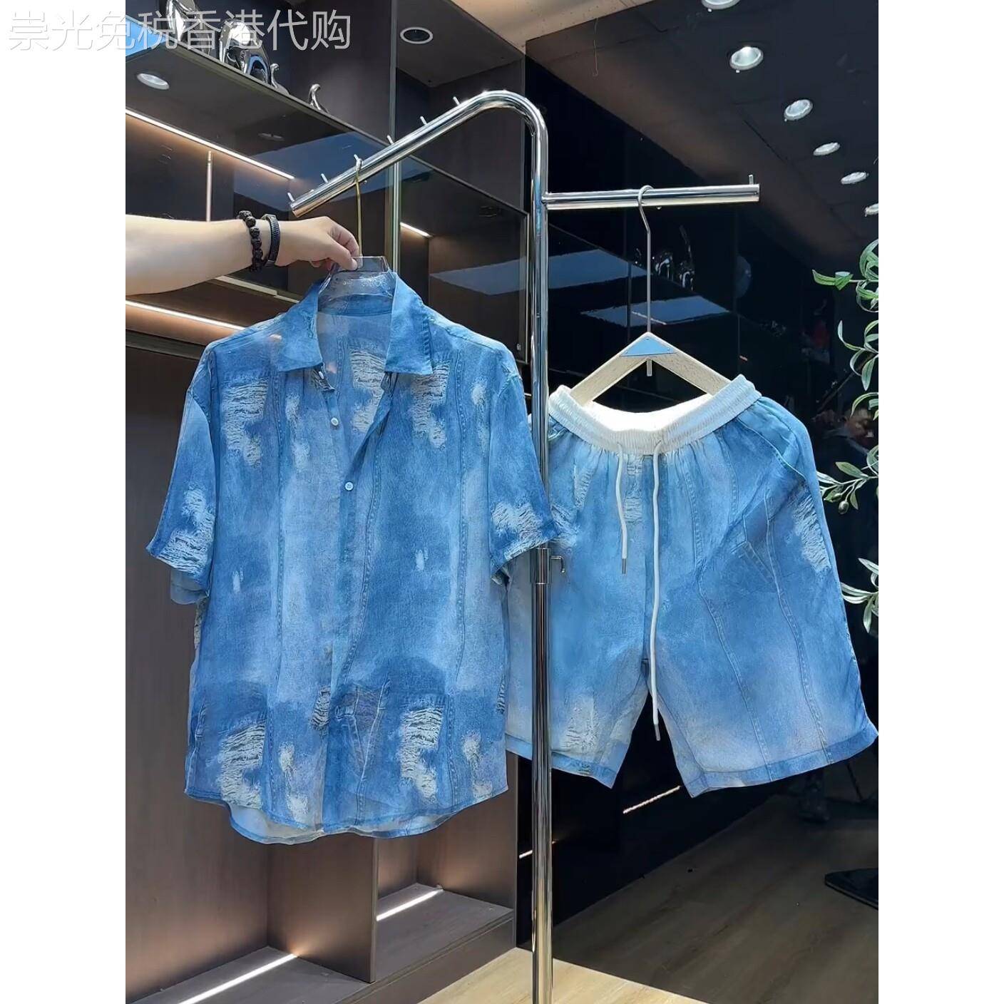 出口美国Chrisma Katch~做旧牛仔套装破洞衬衫短袖短裤两件套