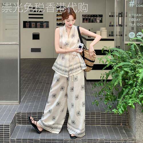 复古老钱风印花V领马甲亚麻套装女夏2026新款高级感阔腿裤两件套