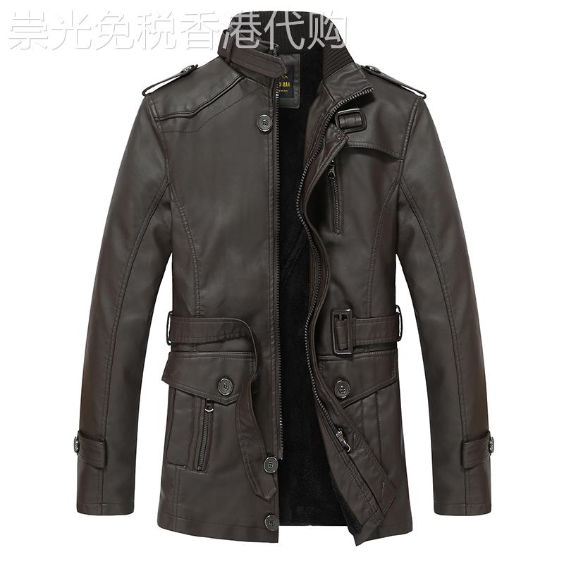 冬季机车服立领皮衣夹克加绒加厚男皮毛一体皮风衣中长款潮流外套