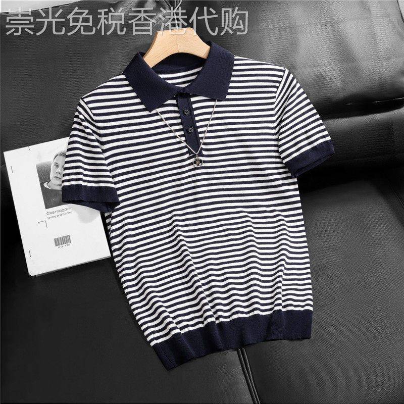 条纹撞色冰丝针织短袖POLO衫男夏季薄款潮流修身上衣半袖翻领T恤