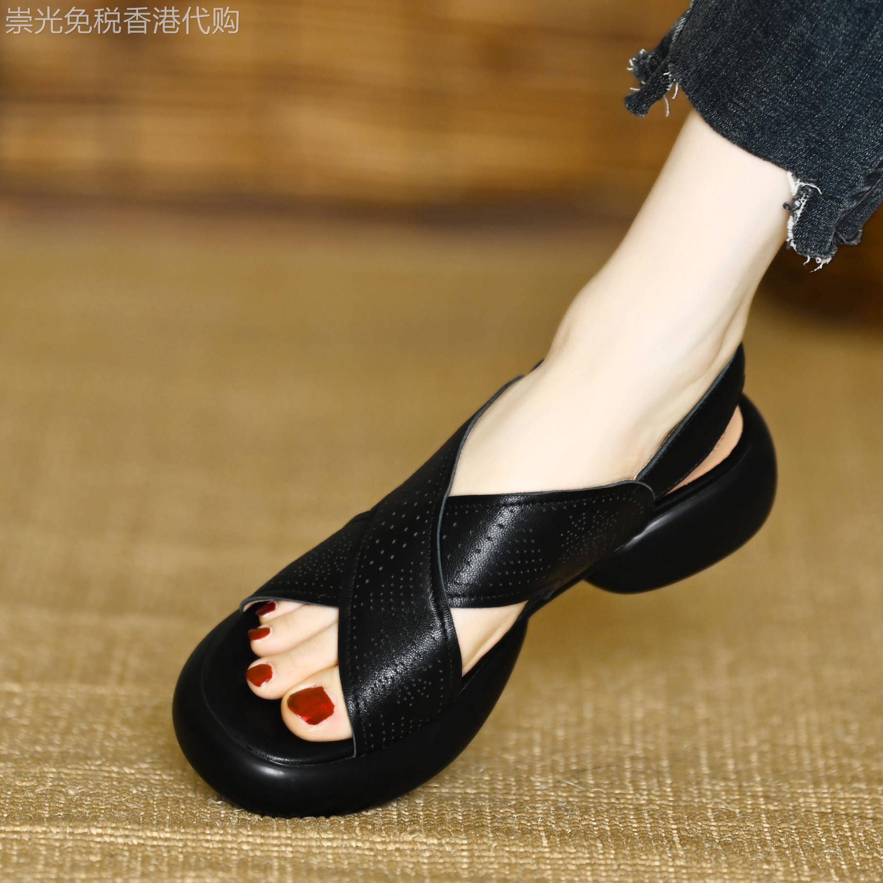 欧美4cm厚底露趾凉鞋女2025夏季中跟魔术贴松糕防水台休闲罗马鞋