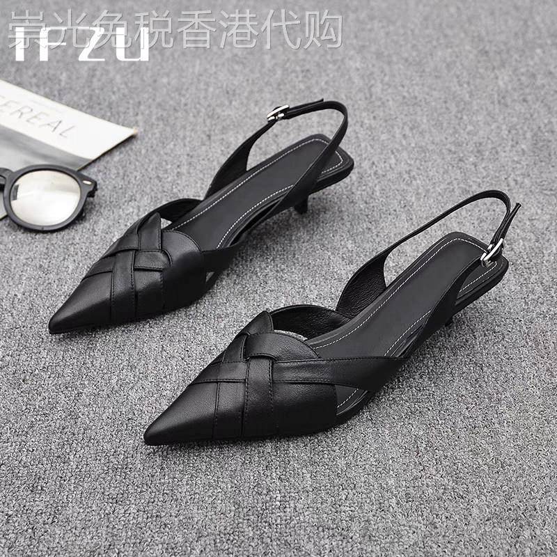 真皮包头凉鞋女夏季2026新款编织一字扣带后空不累脚细跟尖头单鞋