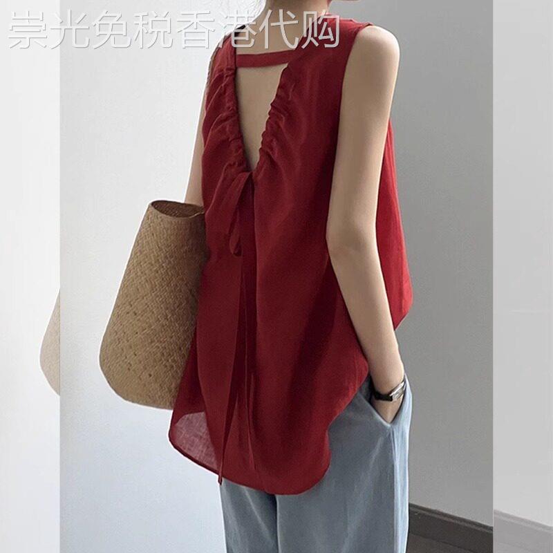 蝴蝶结绑带红色露背吊带背心女夏外穿宽松遮肚显瘦百搭无袖衬衫