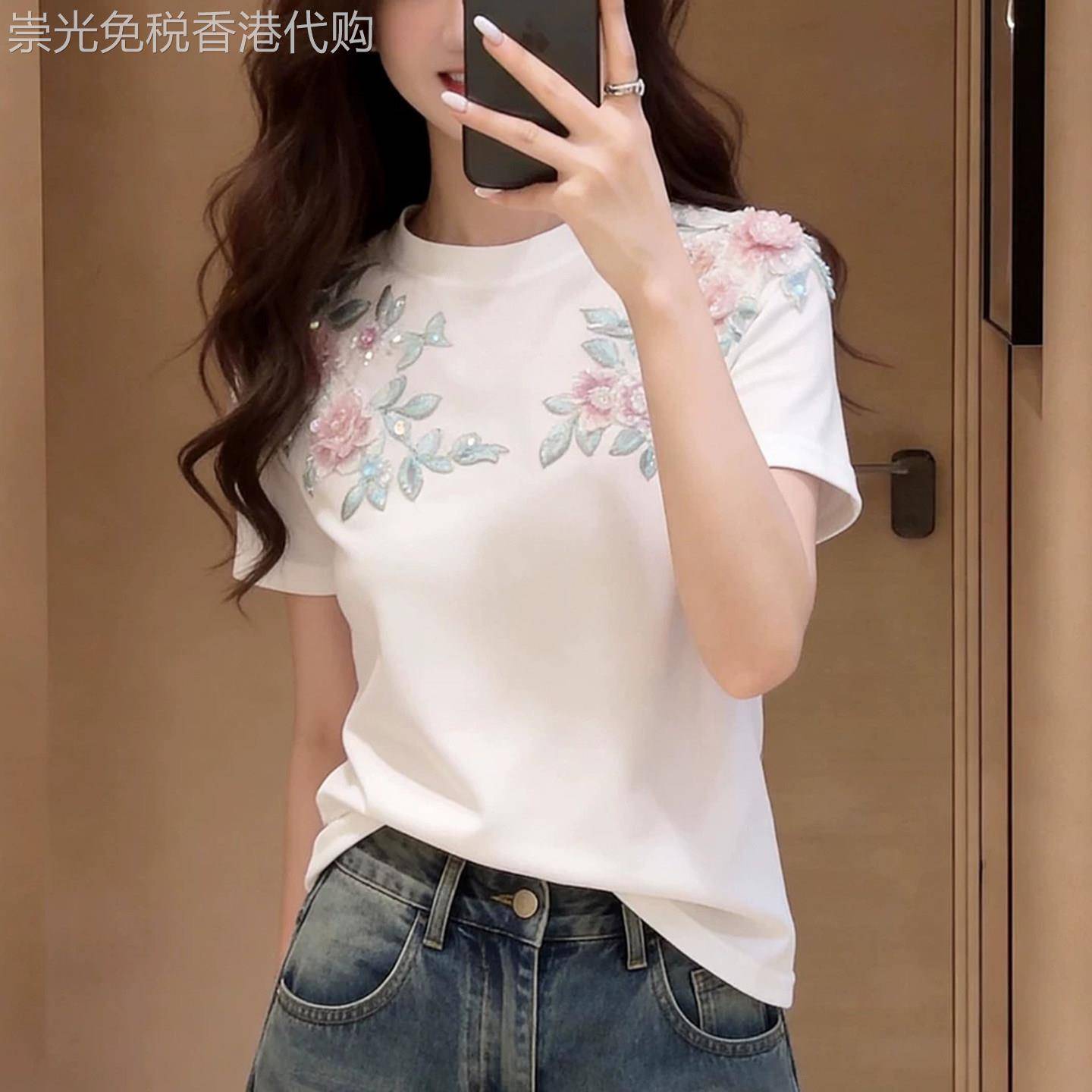 白色别致中国风短袖重工刺绣花朵T恤女夏薄时尚气质百搭显瘦上衣