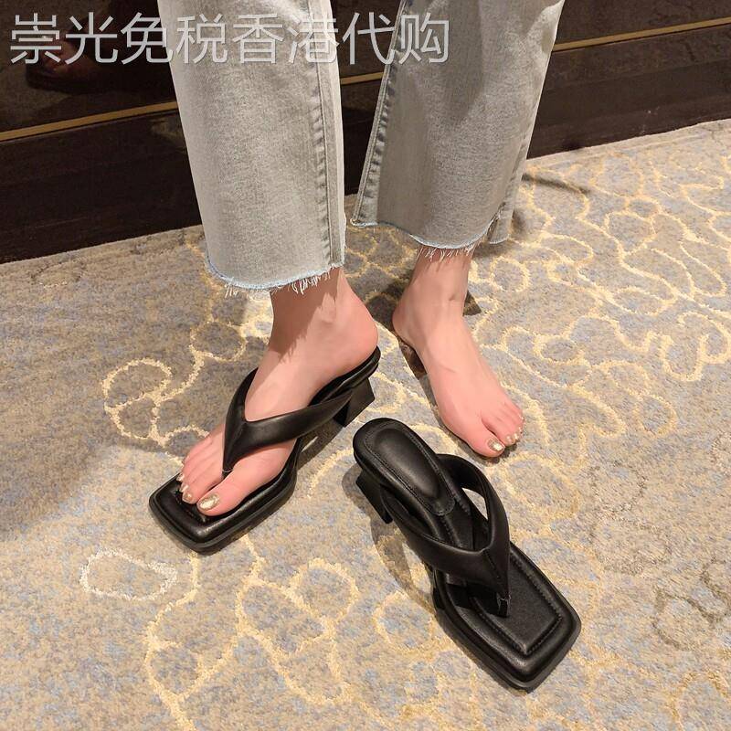小众且惊艳!时尚外穿面包人字拖女夏季真皮方头粗中跟夹趾凉拖鞋