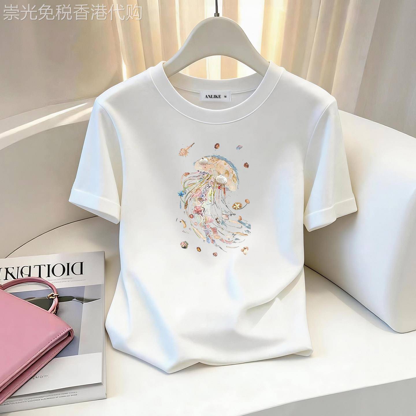 白色印花短袖T恤女夏季2026年新款宽松休闲显瘦圆领减龄简约上衣