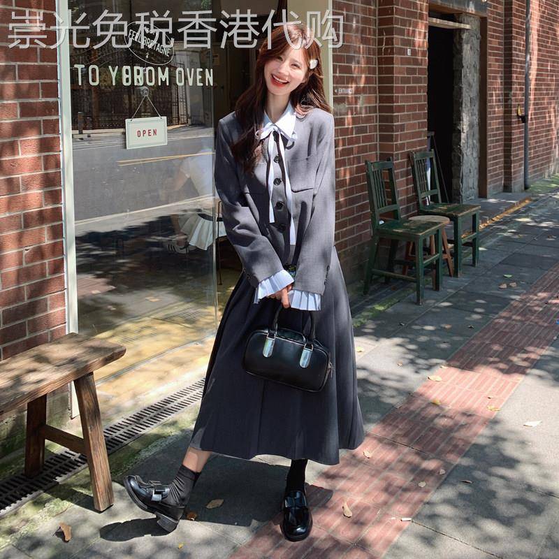 灰色学院风西装套装裙女2026春季新款蝴蝶结衬衫百褶半身裙三件套