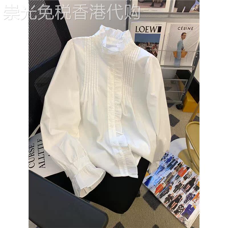 法式复古压褶白色衬衫女2025春季新款甜美立领气质长袖木耳边上衣