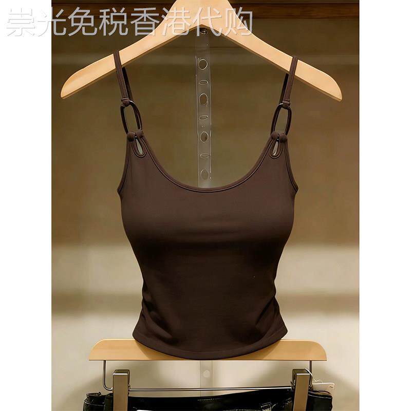 咖色美式复古U领吊带背心女夏季欧货解构环扣带胸垫修身显瘦上衣