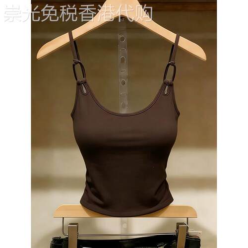 咖色美式复古U领吊带背心女夏季欧货解构环扣带胸垫修身显瘦上衣