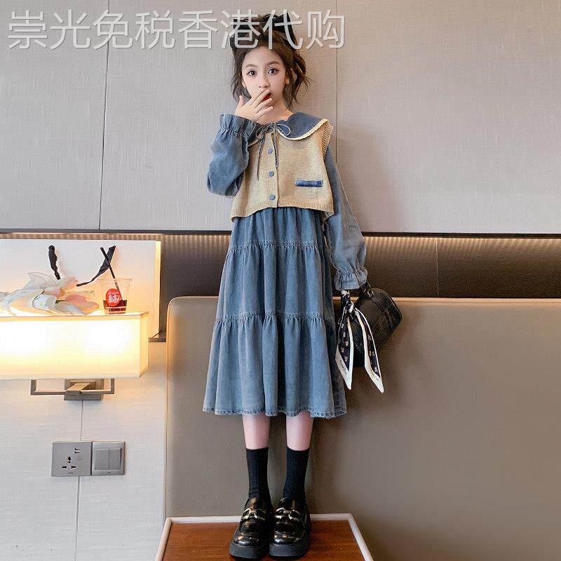 潮牌1212女童牛仔洋装秋季时尚儿童网红长袖马甲裙子套装两件套