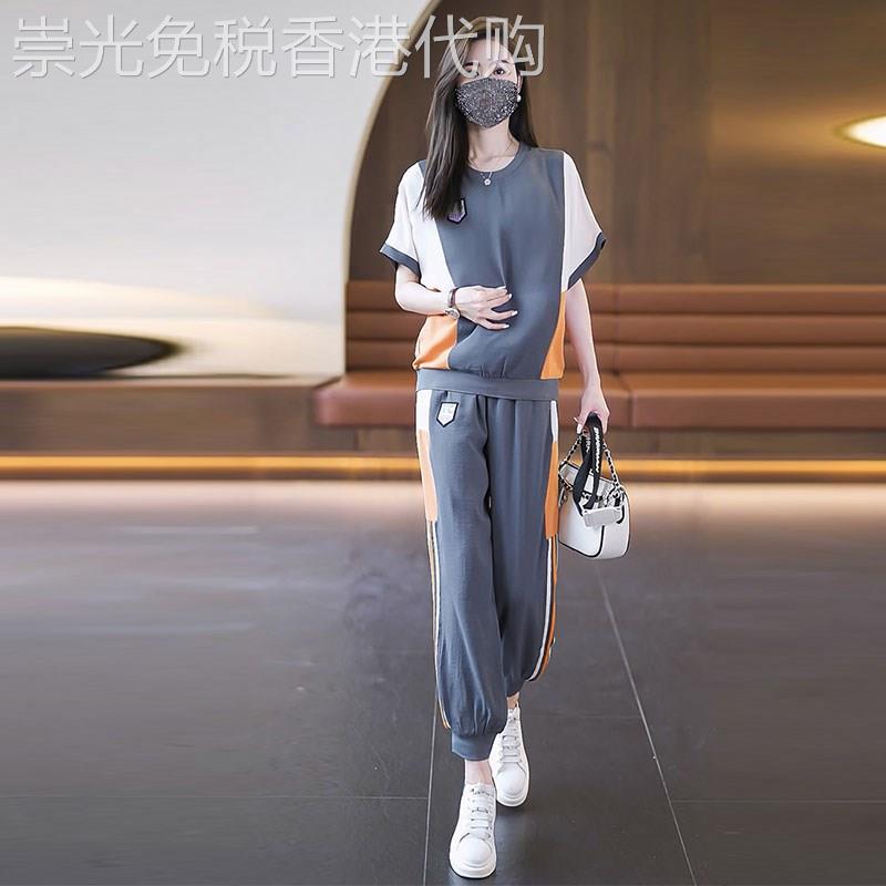 潮牌新款时尚拼色短袖减龄裤子两件套女大码女装休闲运动套装夏季