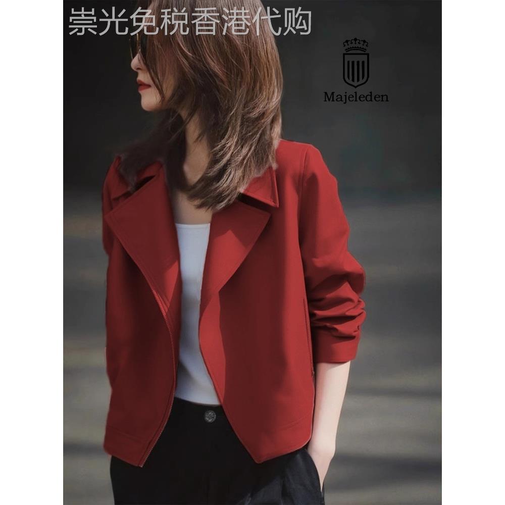 正品2025年秋冬新款红色翻领夹克短外套女款减龄小个子气质上衣潮