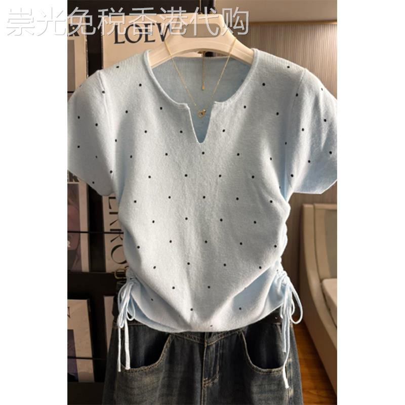 蓝色波点V领正肩短袖T恤女2026夏季新款抽绳收腰修身显瘦套头上衣