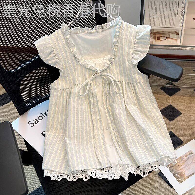 潮牌法式蕾丝花边无袖衬衫女夏季2026新款时尚气质条纹小飞袖上衣