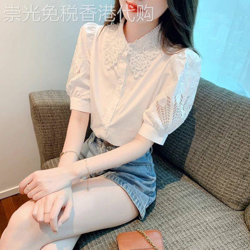 白色短袖娃娃领衬衫 2025新款夏季蕾丝上衣 轻奢减龄洋气女上衣