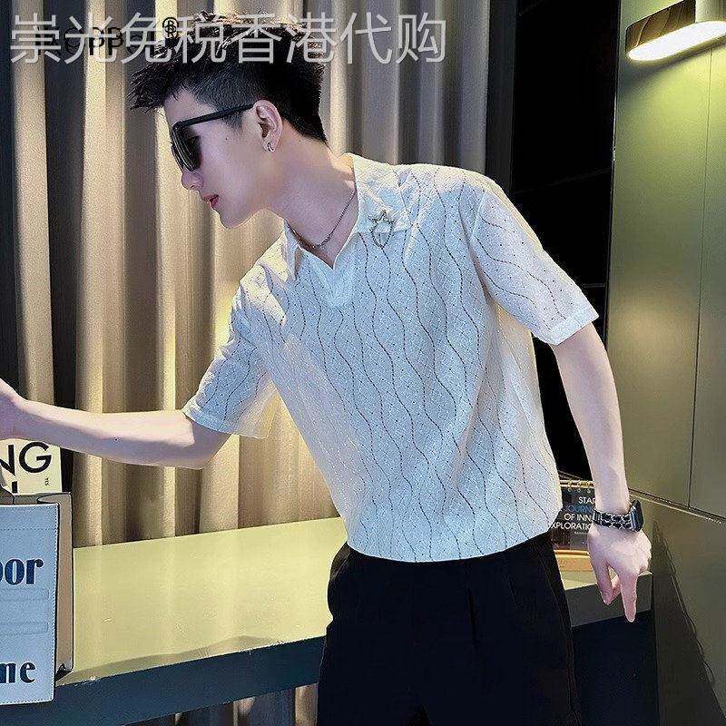 轻奢镂空衬衫短袖男士2026新款夏季v领痞帅t恤冰丝薄款高级polo衫