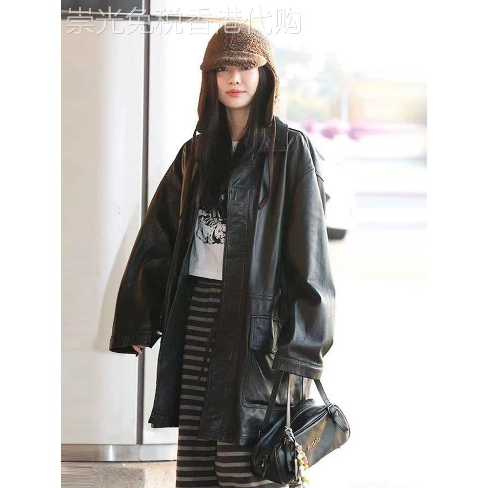 正品it代购明星同款绵羊皮皮衣外套女加厚夹棉真皮中长款宽松夹克