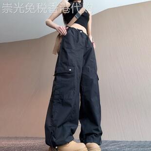 潮牌美式工装阔腿裤女夏季大尺码高腰抽绳显瘦百搭宽松休闲束口裤