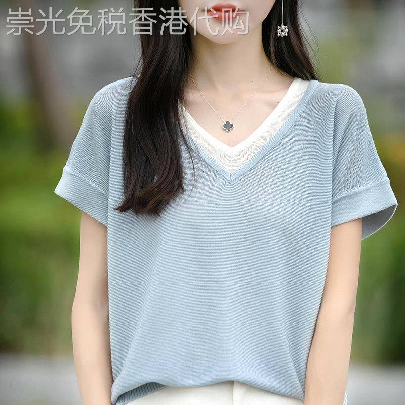中年妈妈2026夏季新款大码天丝V领针织短袖T恤女减龄百搭上衣薄款