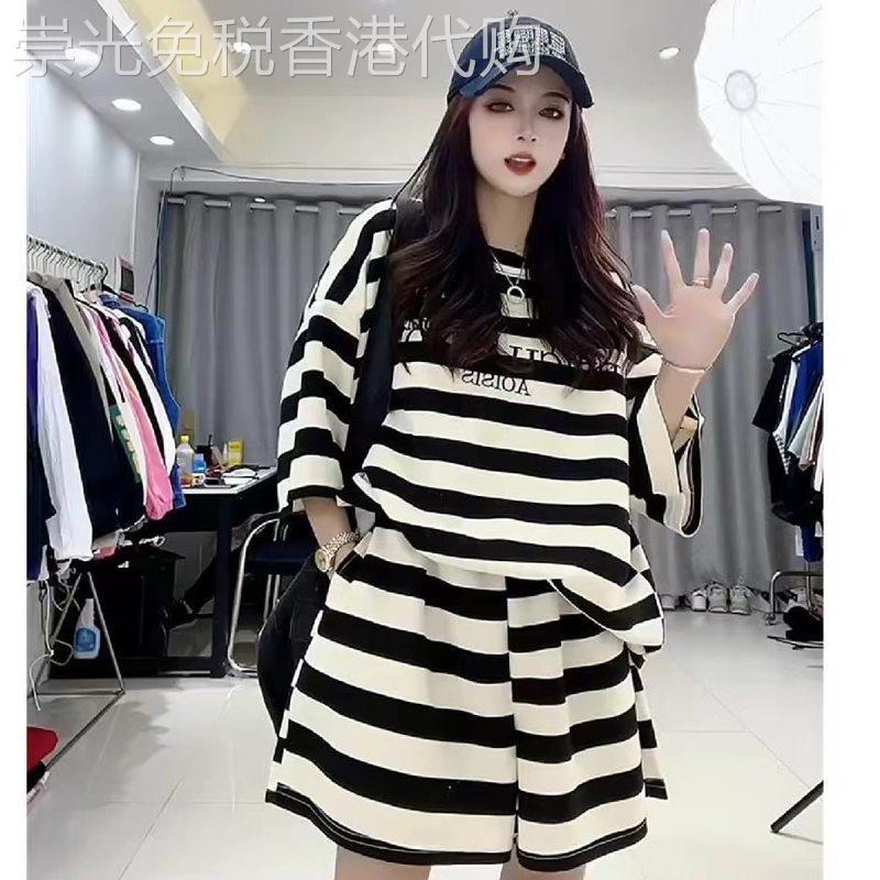 黑白条纹短袖T恤女夏季欧货大版胖mm运动套装休闲显瘦短裤两件套
