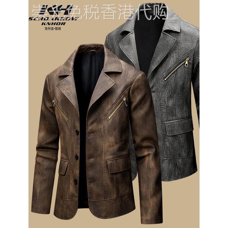 秋冬海宁皮西装男式机车皮衣男皮西服覆古皮夹克潮牌大码薄外套