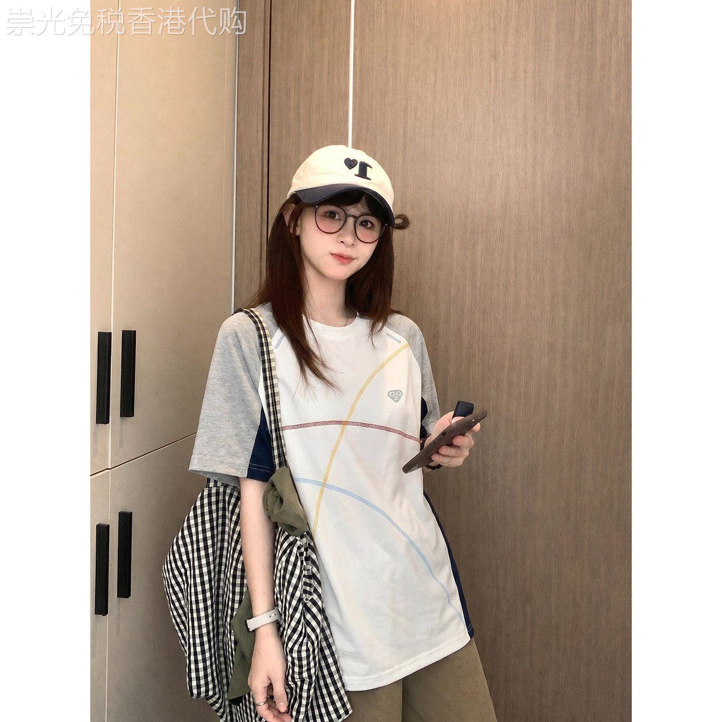美式复古撞色插肩短袖t恤女2026新款夏季宽松休闲运动风圆领上衣