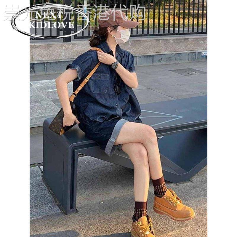 香港网红时髦牛仔短裤套装女夏装新款宽松显瘦衬衫短袖两件套欧货
