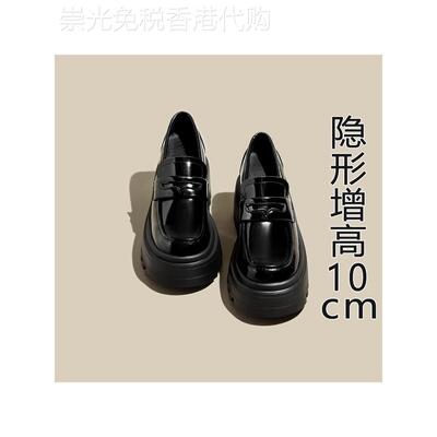 MK&DK.SW黑色小皮鞋女春秋季新款加绒内增高一脚蹬松糕厚底乐福鞋