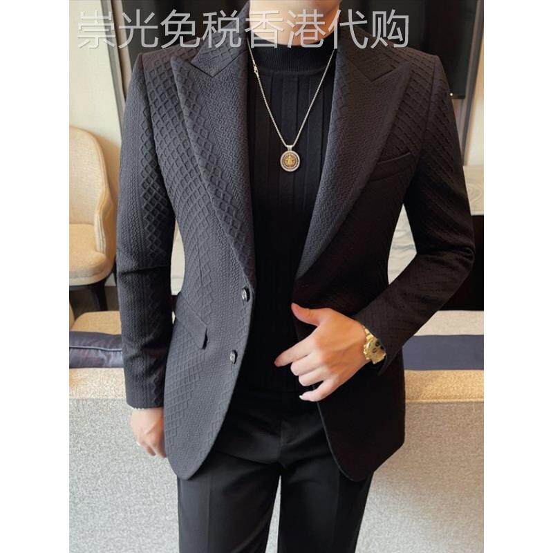 潮牌黑色西装男外套秋冬老钱风覆古戗驳领西服帅气休闲商务单西服