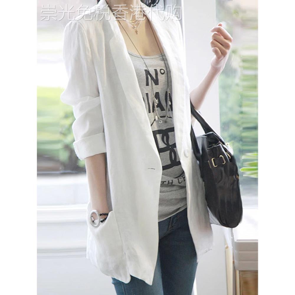 2025夏季新款白色棉麻小西装女休闲 中长版修身显瘦薄款高级感外