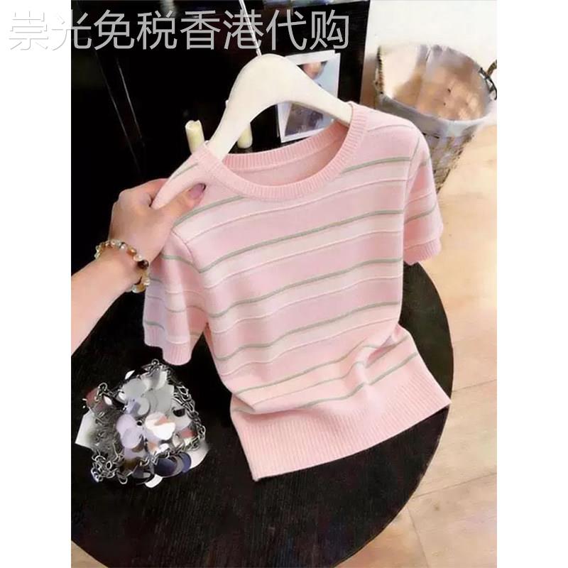 多巴胺撞色条纹针织短袖T恤女夏季微胖MM遮肚显瘦独特超好看上衣图片