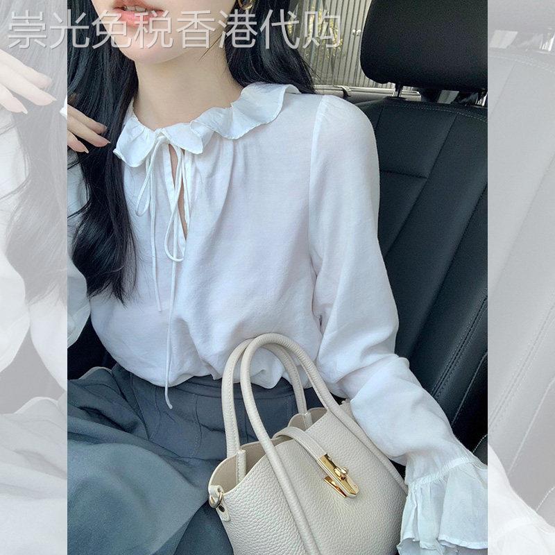 法式气质白色荷叶领衬衫女2025夏季新款高级设计感小众喇叭袖上衣