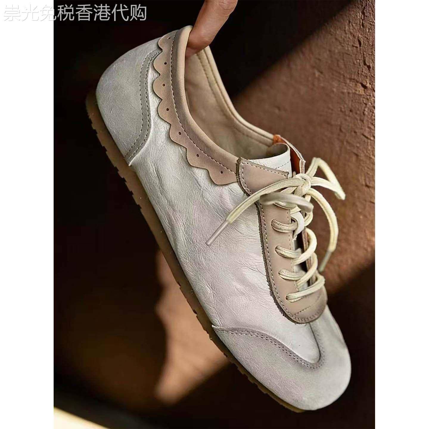 复古风软皮德训鞋女2026夏季新款系带平底圆头透气百搭舒适休闲鞋