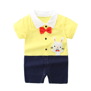 婴儿衣服夏季薄款纯棉短袖连体衣新生儿宝宝半袖爬行服假两件哈衣