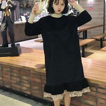 气质中长款 蕾丝拼接打底裙金丝绒宽松加厚长袖 连衣裙 秋冬女装 韩版