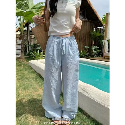 时髦洋气高级感藏青色格子裤2026夏季爆款透气速干阔腿裤遮肉裤子