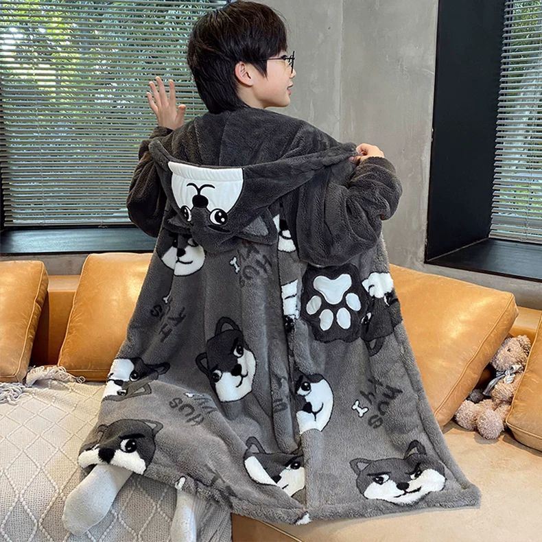 2026新款儿童睡衣男童冬季加厚保暖珊瑚绒睡袍长款大童浴袍青少年