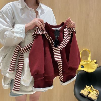 儿童春秋季新款男女童卫衣套装中大童百搭韩版时髦条纹披肩两件套