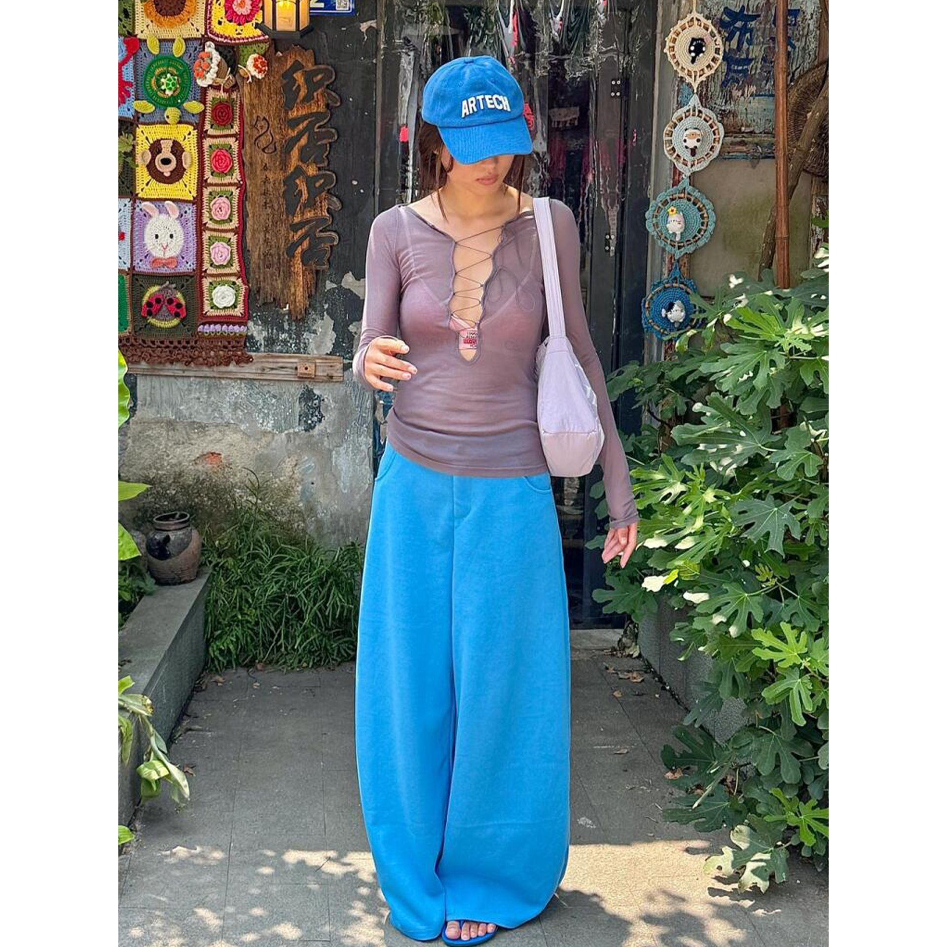 纯棉复合牛奶丝慵懒风松弛感弯刀阔腿裤女秋季百搭休闲宽松卫裤潮