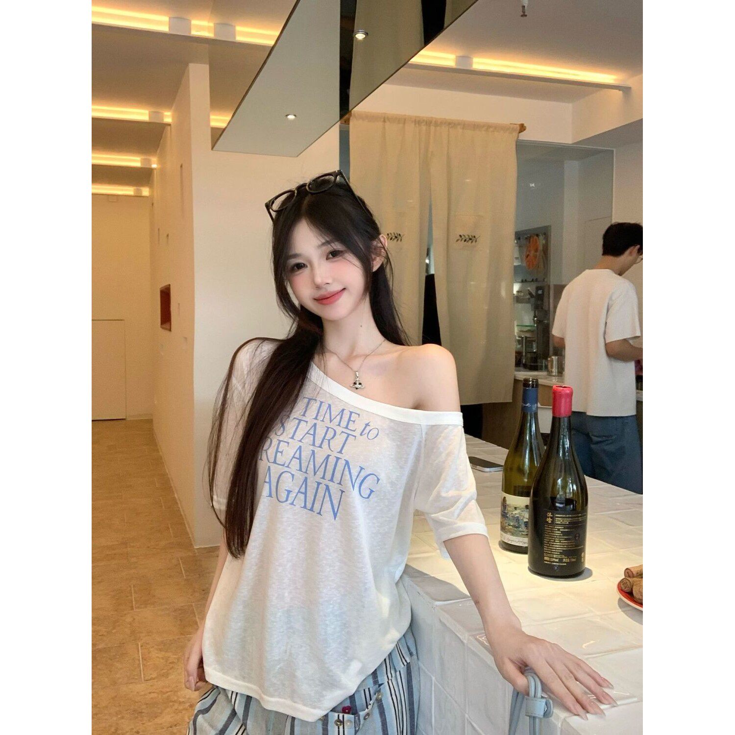 天丝罗纹斜肩短袖T恤女夏季微透薄款防晒罩衫设计感上衣外贸