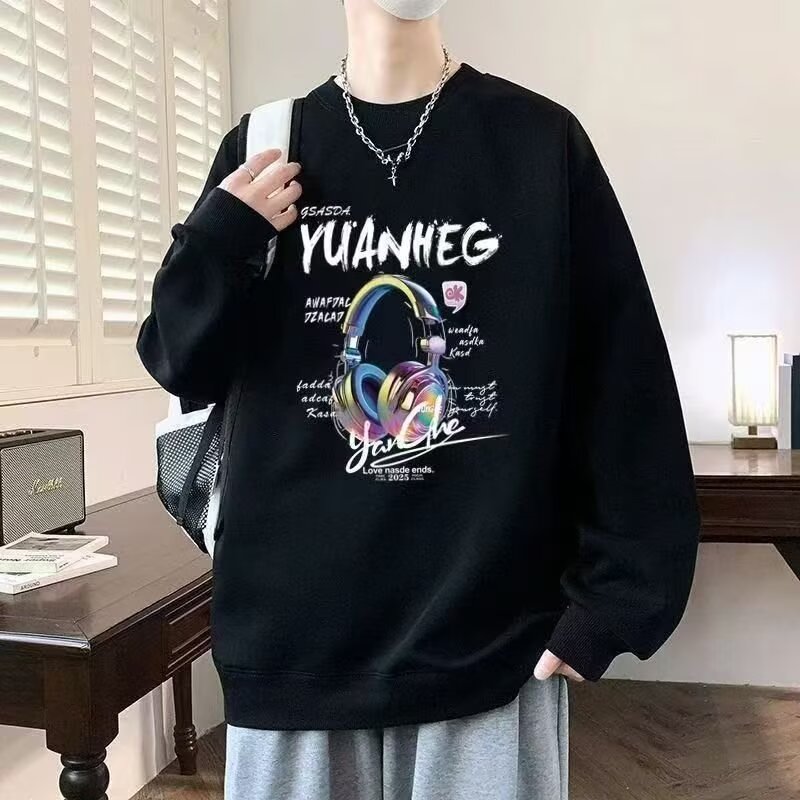 美式高街ins潮流秋冬季个性耳机印花重磅潮流卫衣男宽松圆领上衣