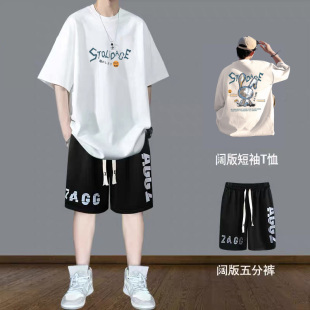纯棉短袖t恤套装男夏季青少年初高中学生宽松上衣休闲搭配两件套