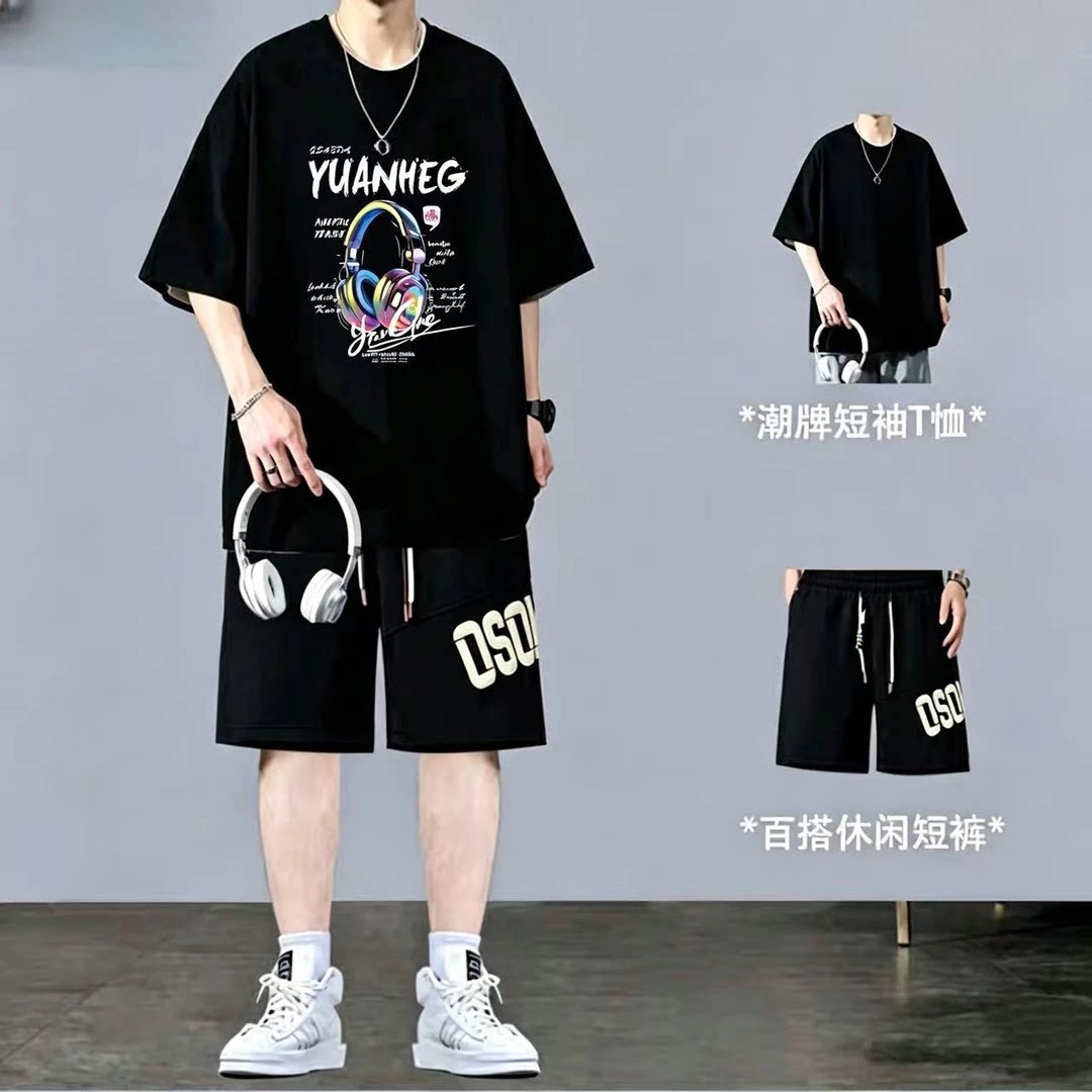 100%纯棉 青少年夏季男休闲运动套装初高中学生短袖T恤短裤一整套