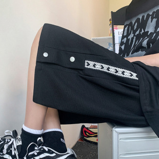 宽松潮流五分裤 华夫格休闲短裤 侧边织带排扣中裤 阔腿大码 子 男夏季