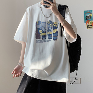潮流圆领五分袖 体恤夏季 学生休闲上衣 T恤男潮牌宽松半袖 纯棉短袖