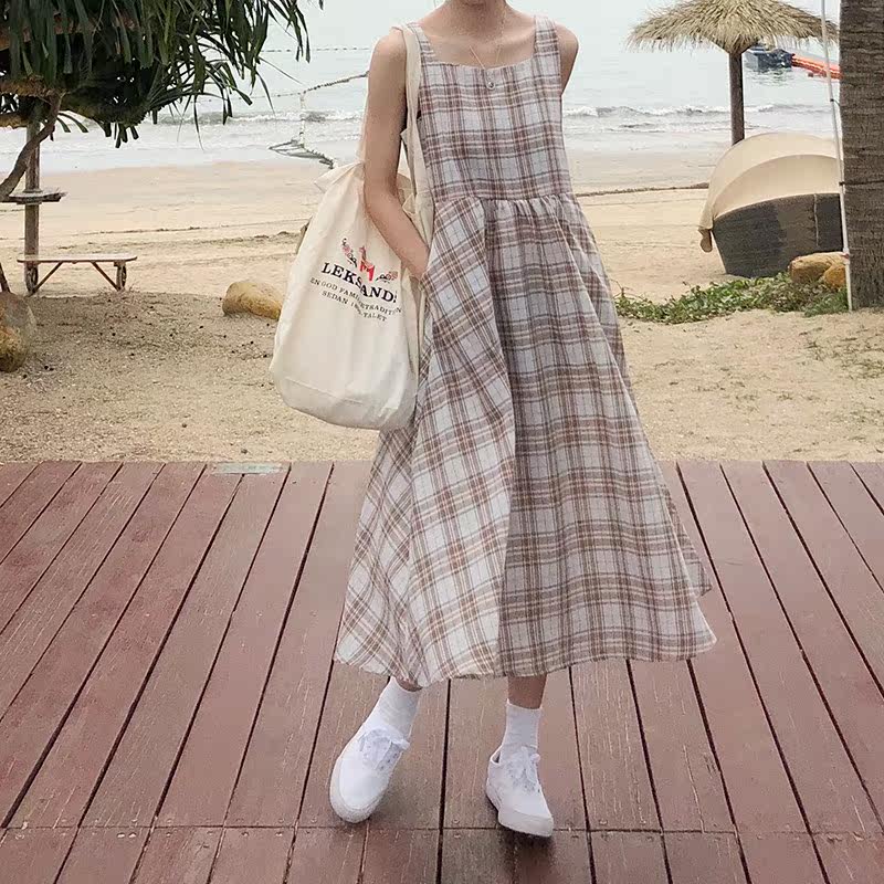 学院风格子连衣裙中长款韩版夏季新款学生宽松复古气质背心裙长裙在类目 女装/女士精品, 连衣裙中 - 来自Buy2taobao.com提供专业的淘宝代购服务