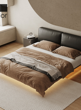 artcolor/双靠包头层真牛皮悬浮床0胶水1.8米双人大黑牛主卧大床