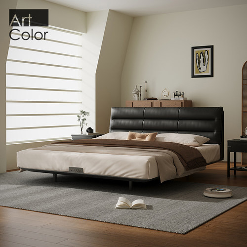 黑色羽绒床真皮中古风头层牛皮