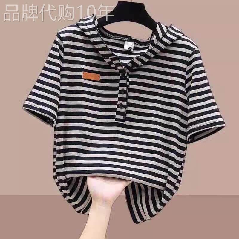 条纹连帽短袖t恤女士夏季欧货大尺码半袖卫衣帽衫纯棉T恤短款上衣